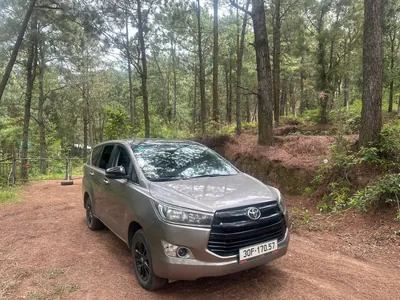 A grey Toyota Innova seven-seater parked on a pine-lined track